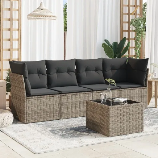 Conjunto Sofás de Jardim c/ Almofadões Vime PE Cinzento (5 pcs)