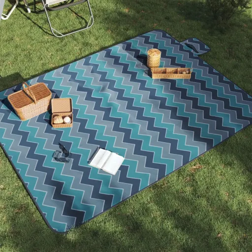 Manta de Piquenique Dobrável 200x150 cm Veludo Ondas Azuis