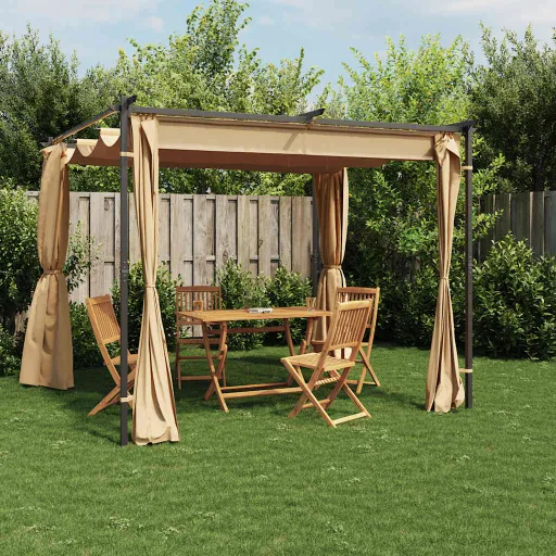 Gazebo com Cortinas 3x3 m Aço Cinzento-Acastanhado
