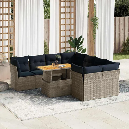Conjunto Sofás p/ Jardim com Almofadões Vime PE Cinzento (9 pcs)