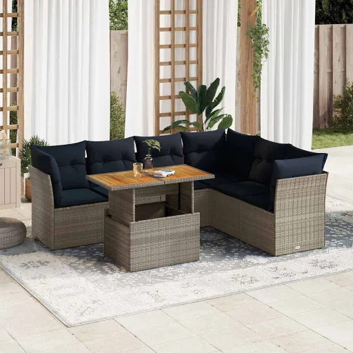 Conjunto Sofás p/ Jardim c/ Almofadões Vime PE Cinzento (7 pcs)
