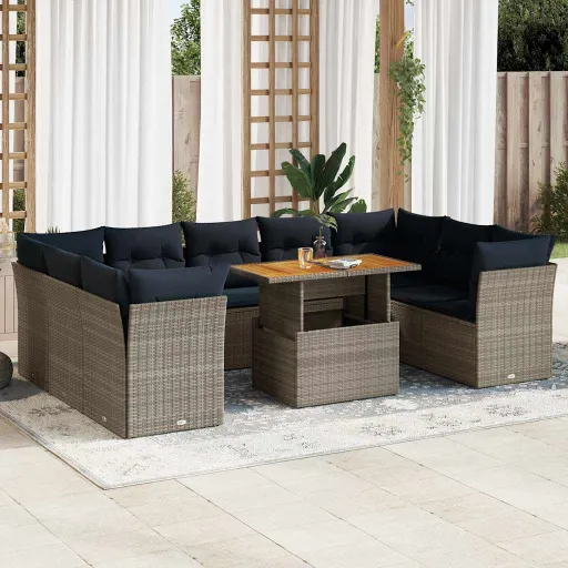 Conjunto Sofás de Jardim c/ Almofadões Vime PE Cinzento (10 pcs)