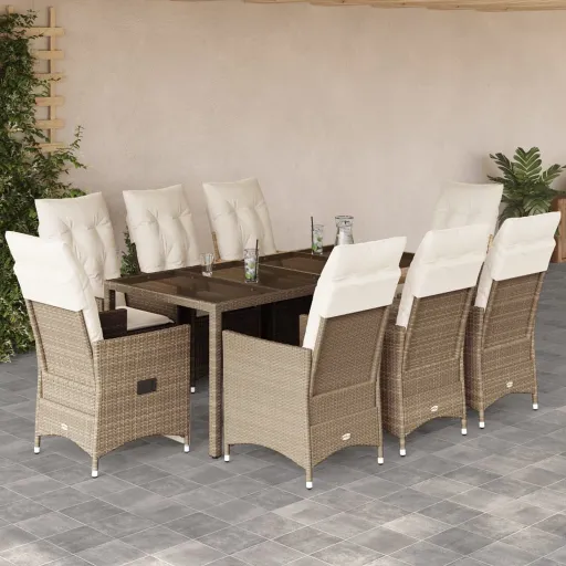 Conjunto de Jantar p/ Jardim com Almofadões Vime PE Bege (9 pcs)