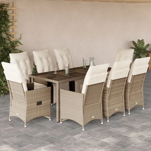 Conjunto de Bistrô para Jardim c/ Almofadões Vime PE Bege (9 pcs)