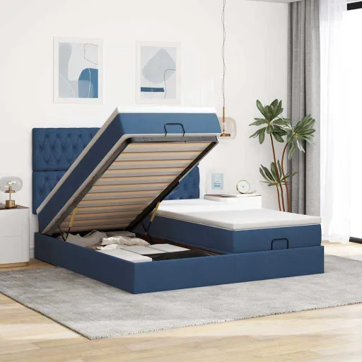 Estrutura de Cama Otomana com Colchões 160x200cm Tecido Azul