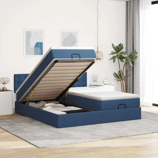 Estrutura de Cama Otomana com Colchões 160x200cm Tecido Azul