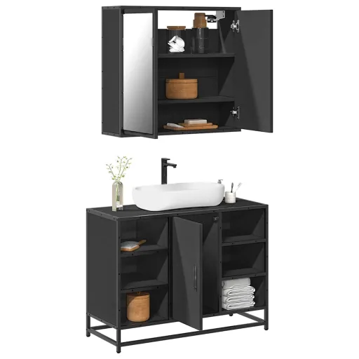 Conjunto Móveis Casa de Banho Derivados de Madeira Preto (2 pcs)