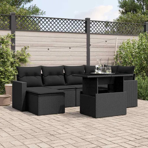 Conjunto de Sofás p/ Jardim c/ Almofadões Vime PE Preto (7 pcs)