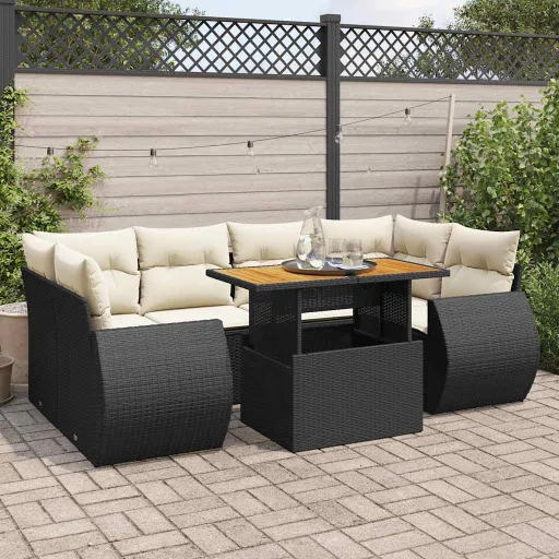 Conjunto de Sofás p/ Jardim c/ Almofadões Vime PE Preto (7 pcs)