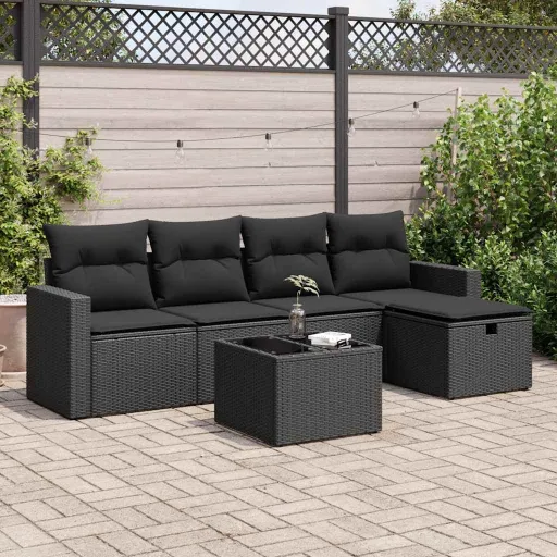 Conjunto Sofás de Jardim c/ Almofadões Vime PE Preto (6 pcs)