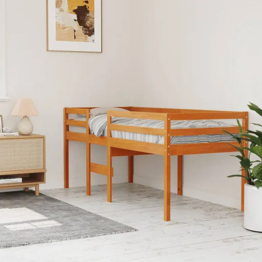 Cama Alta 80x200 cm Madeira de Pinho Maciça Castanho Cera