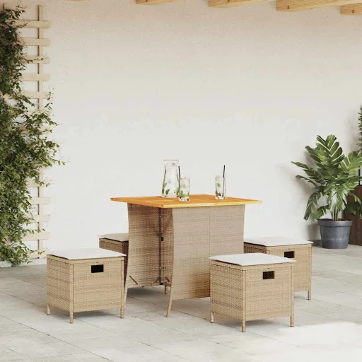 Conjunto de Jantar p/ Jardim com Almofadões Vime PE Bege (5 pcs)