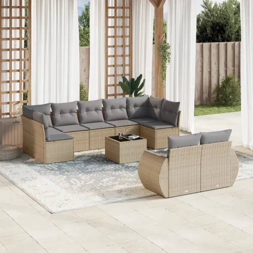 Conjunto de Sofás p/ Jardim com Almofadões Vime PE Bege (10 pcs)
