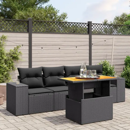Conjunto Sofás de Jardim com Almofadões Vime PE Preto (5 pcs)