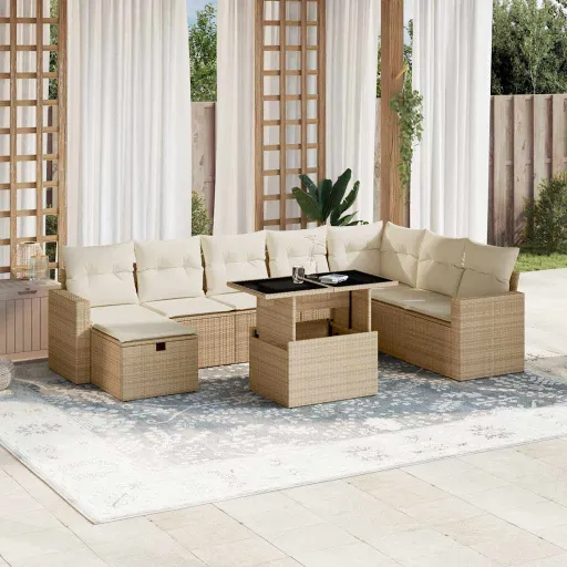 Conjunto de Sofás p/ Jardim com Almofadões Vime PE Bege (9 pcs)