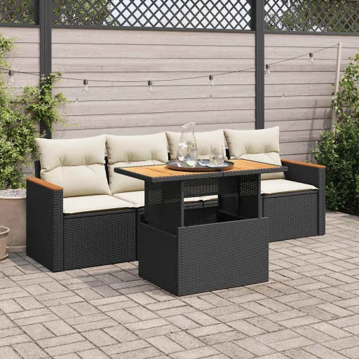 Conjunto Sofás de Jardim com Almofadões Acácia e Vime PE (5 pcs)