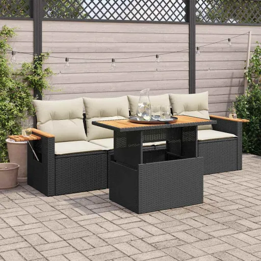 Conjunto Sofás de Jardim com Almofadões Acácia e Vime PE (5 pcs)