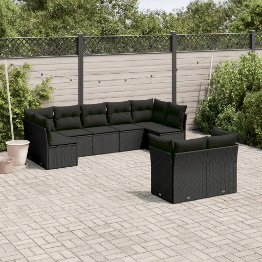 Conjunto de Sofás p/ Jardim c/ Almofadões Vime PE Preto (9 pcs)