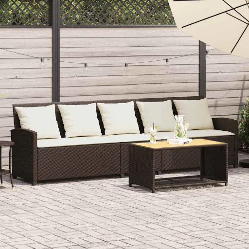 Sofá de Jardim com Almofadões 5 Lugares Vime PE Castanho