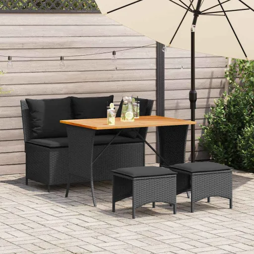 Conjunto de Jardim p/ Jardim c/ Almofadões Vime PE Preto (4 pcs)