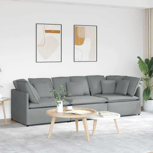 Sofá Modular com Almofadas Tecido Cinzento-Claro