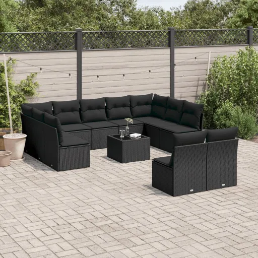 Conjunto de Sofás de Jardim c/ Almofadões Vime PE Preto (12 pcs)