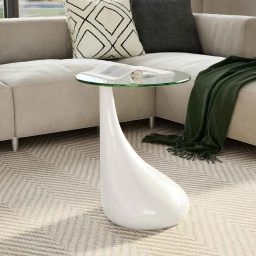 Mesa de Centro com Tampo Redondo de Vidro, Branco Brilhante