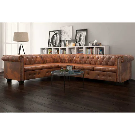 Sofá de Canto Chesterfield 6 Lugares Couro Artificial Castanho