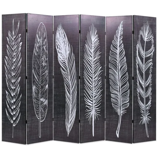Biombo Dobrável com Estampa de Penas 228x170 cm Preto e Branco