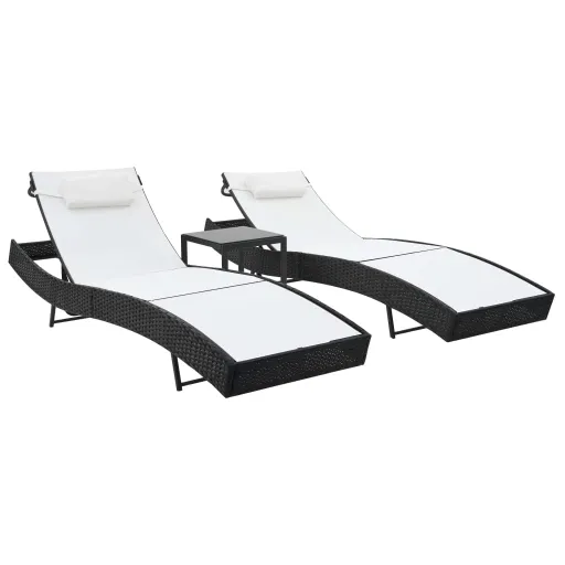 Espreguiçadeiras com Mesa   Vime PE e Textilene Preto (2 pcs)