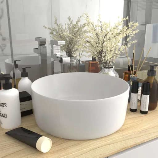 Lavatório Luxuoso Redondo 40x15 cm Cerâmica Branco Mate