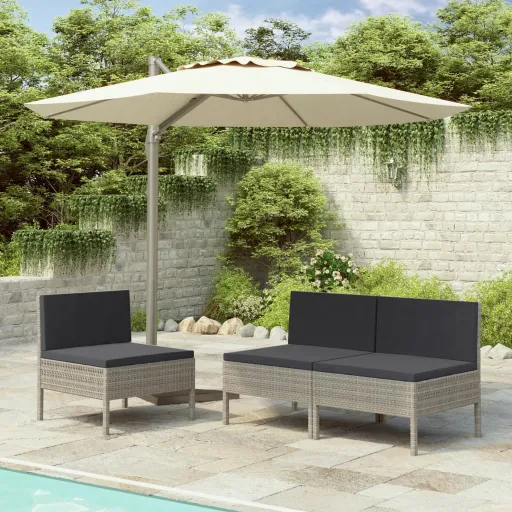 Cadeiras de Jardim com Almofadões   Vime PE Cinzento (3 pcs)