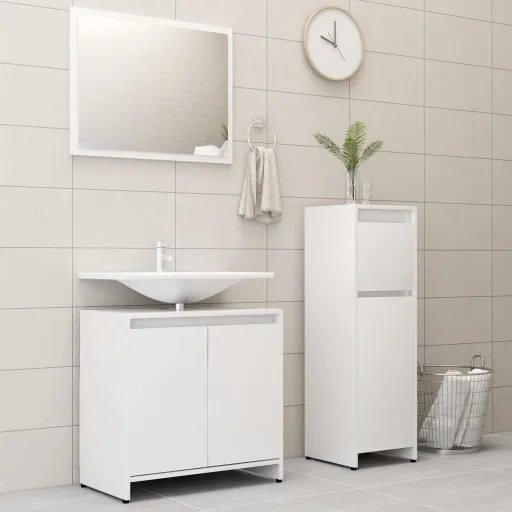 Conjunto de Móveis de Casa de Banho Contraplacado Branco (3 pcs)