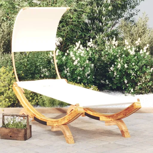 Espreguiçadeira c/ Toldo 100x200x126 cm Madeira Curva Creme