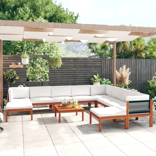 Conjunto de Lounge de Jardim  com 11 Peças e Almofadas em Madeira de Acácia Creme e Corda