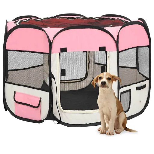 Parque Dobrável p/ Cão c/ Saco de Transporte 90x90x58 cm Rosa