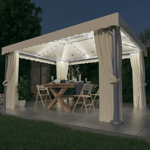 Gazebo com Cortinas e Cordões de Luzes LED 4x3 m Branco Nata