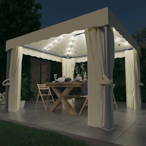 Gazebo com Cortinas e Cordões de Luzes LED 3x3 m Branco Nata