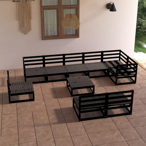 Conjunto Lounge de Jardim Pinho Maciço Preto (10 pcs)