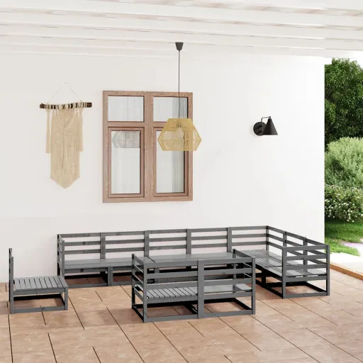 Conjunto Lounge de Jardim Pinho Sólido Cinzento (10 pcs)