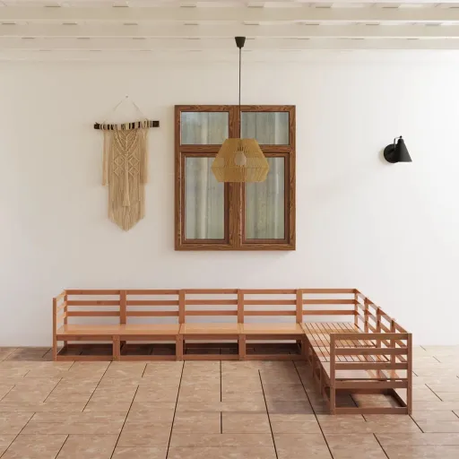 Conjunto Lounge de Jardim Pinho Sólido Castanho Mel (8 pcs)