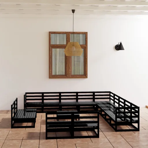Conjunto Lounge de Jardim Pinho Maciço Preto (14 pcs)
