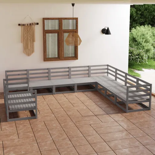 Conjunto Lounge de Jardim Pinho Maciço Cinzento (10 pcs)