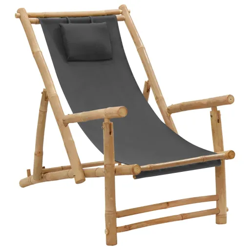Cadeira de Terraço de Bambu e Lona Cinzento-Escuro