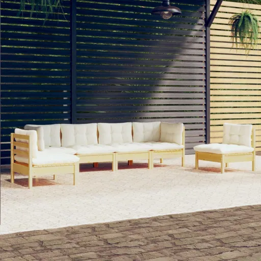 Conjunto Lounge Jardim c/ Almofadões Creme Pinho Maciço (6 pcs)