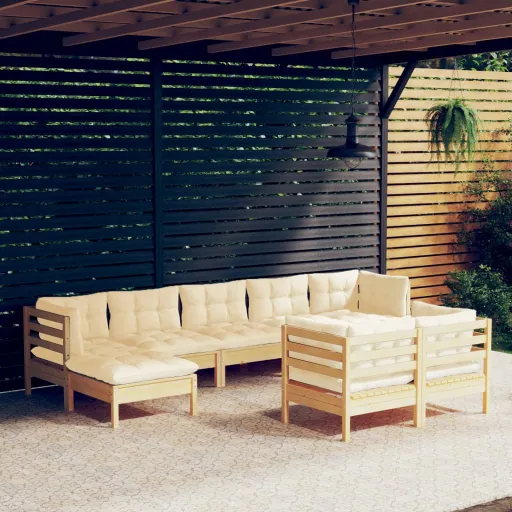 Conjunto Lounge Jardim c/ Almofadões Creme Pinho Maciço (9 pcs)