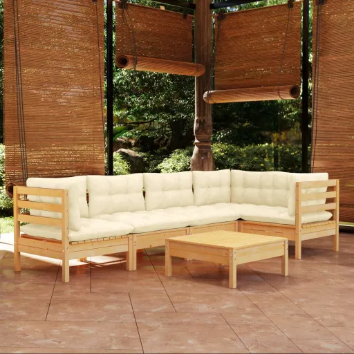 Conjunto Lounge de Jardim c/ Almofadões Cor Creme Pinho (6 pcs)