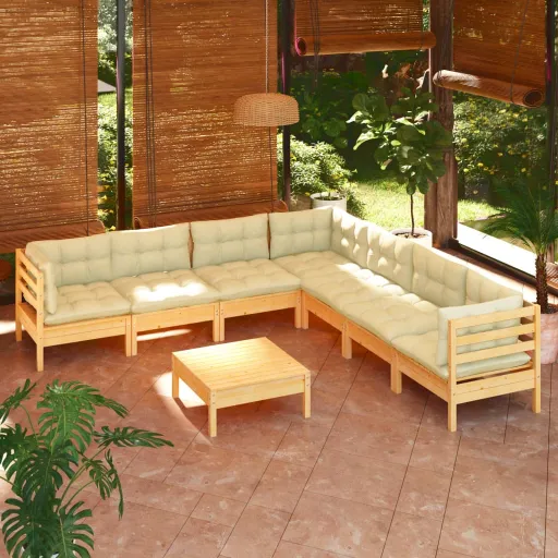 Conjunto Lounge Jardim c/ Almofadões Creme Pinho Maciço (8 pcs)