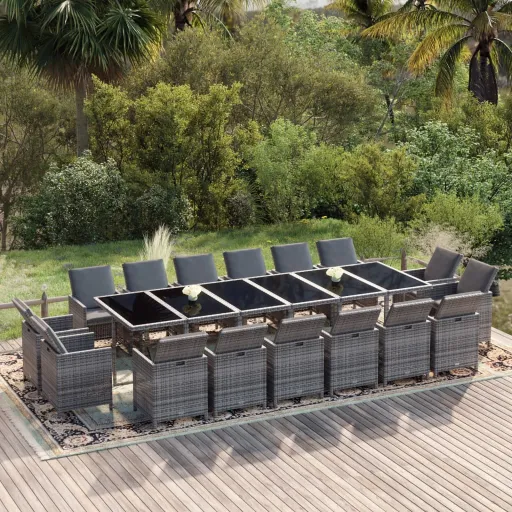 Conjunto Jantar p/ Jardim c/ Almofadões Vime PE Cinzento (17 pcs)