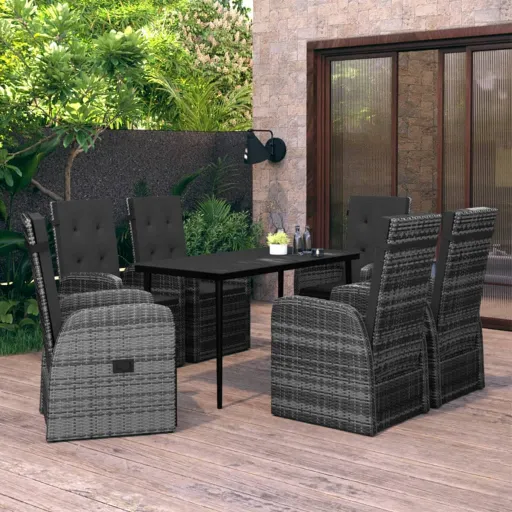 Conjunto de Jantar para Jardim com Almofadões Cinzento (7 pcs)